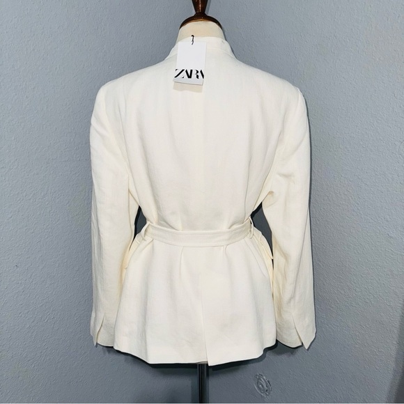 Zara Women Bloggers Fav Oyster White Linen Blend Belted Business Blazer Size M - Picture 14 of 17